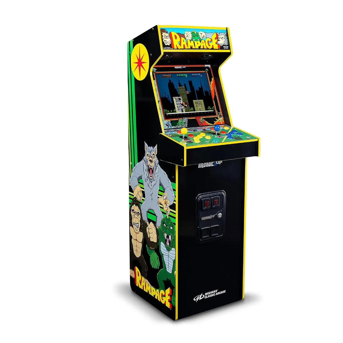 Black Rampage arcade cabinet with yellow trim, illuminated marquee, and side art of the game's monster characters.