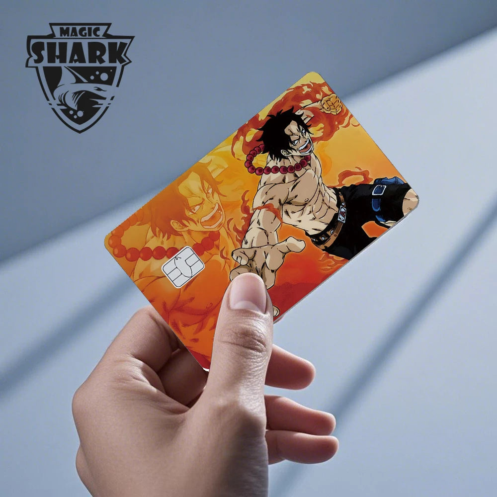 A hand holds an orange card skin featuring an anime character surrounded by flames.