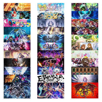 Collage of rectangular Yu-Gi-Oh playmats featuring anime characters, dragons, and card zones in various colors.