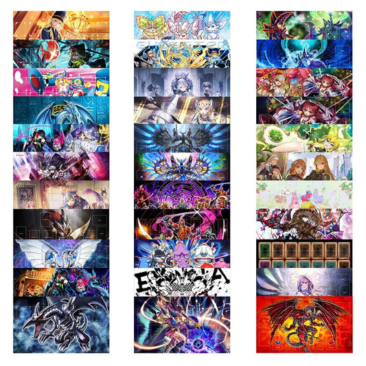 Collage of rectangular Yu-Gi-Oh playmats featuring anime characters, dragons, and card zones in various colors.