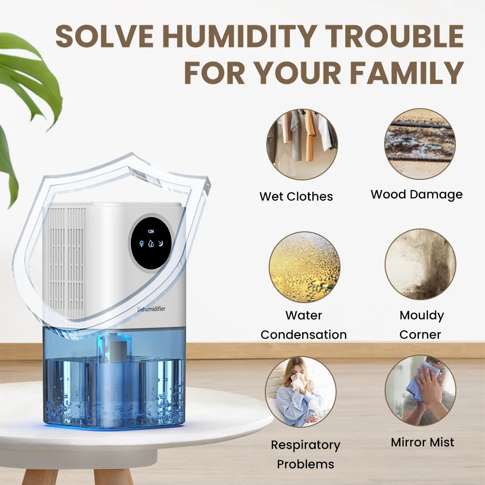 White and blue portable dehumidifier with a digital display and transparent water tank on a white table.