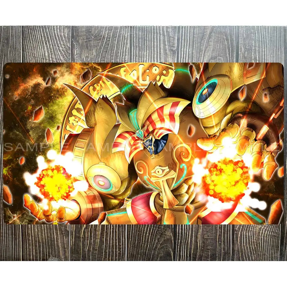 Exodia the Forbidden One playmat with gold armor, red-and-white headdress, and glowing energy blasts.