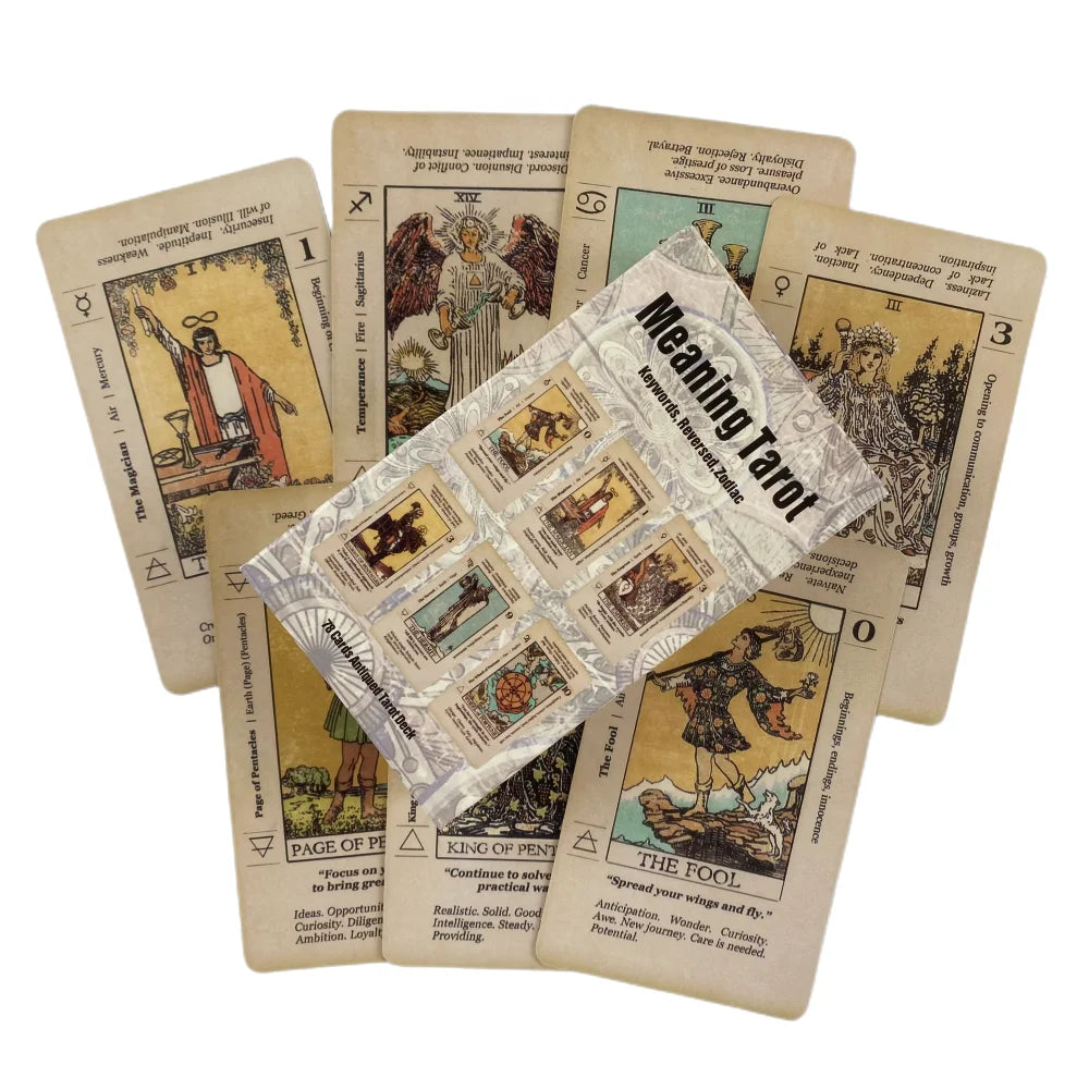 A fan of antique-style tarot cards in sepia tones, featuring "The Magician," "Temperance," "The Fool," and "Meaning Tarot."