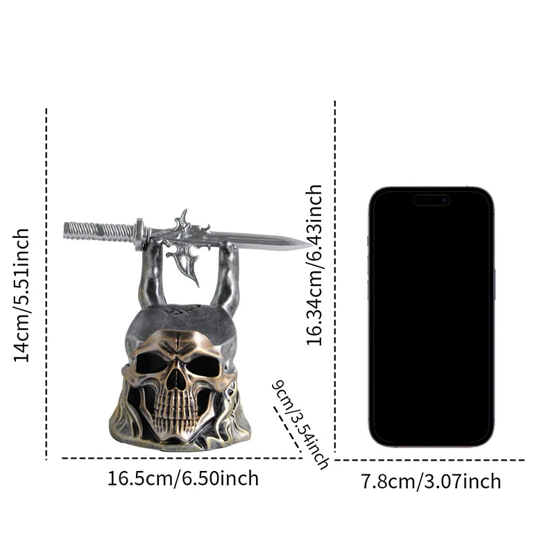 Black skull game controller bracket with horns, holding a sword horizontally, shown with dimensions.