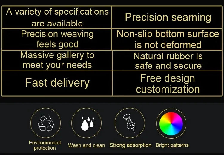 Product features chart with gold text on black listing specifications like precision seaming, non-slip bottom, and icon badges.