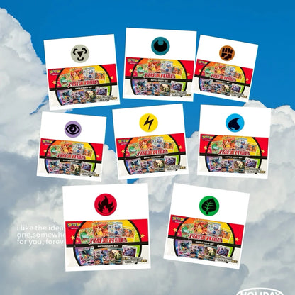 Eight Pokemon Battle Party Set card packs with different energy symbols against a blue sky with clouds.