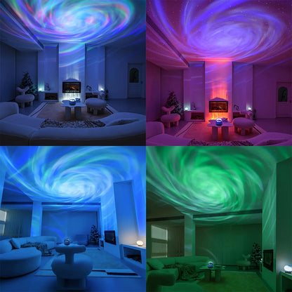 Four-panel view of a living room illuminated by a galaxy lamp projecting swirling colorful nebula patterns and stars onto the ceiling.