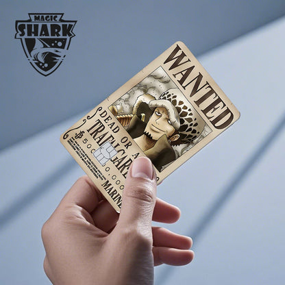 Beige anime card skin styled like a wanted poster featuring Trafalgar Law, held in hand.