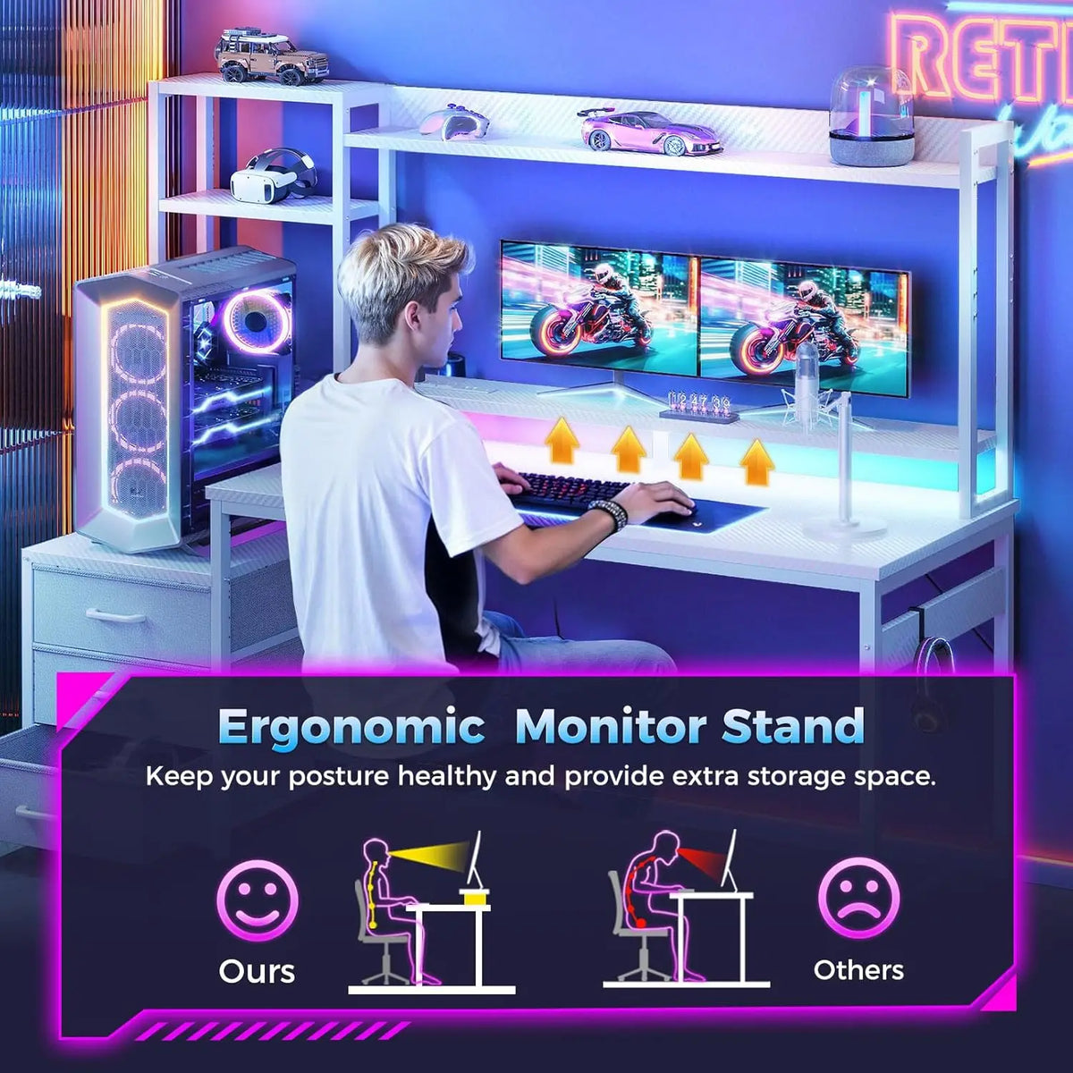 A white gaming desk with a hutch, drawers, and LED lighting, featuring a person sitting and typing.