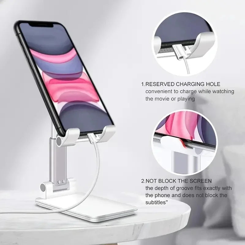 White adjustable phone desk stand holding a smartphone, with two close-up inset diagrams highlighting features.