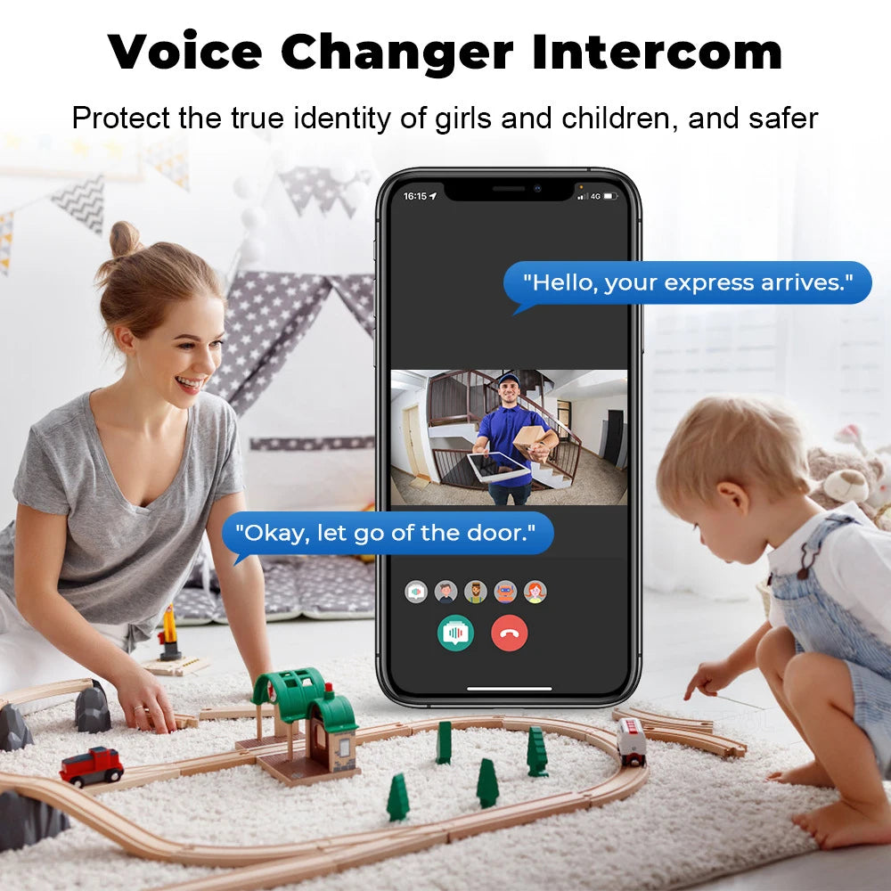 A woman and child play with a wooden train set while a smartphone displays a video doorbell call.