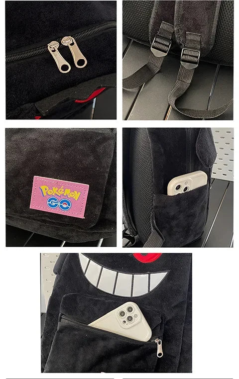 Gengar Plush Backpack Anime Pokemon School Bag Large Capacity Soft Stuffed Animal Shoulder Bag for Boys Girls Birthday Gift