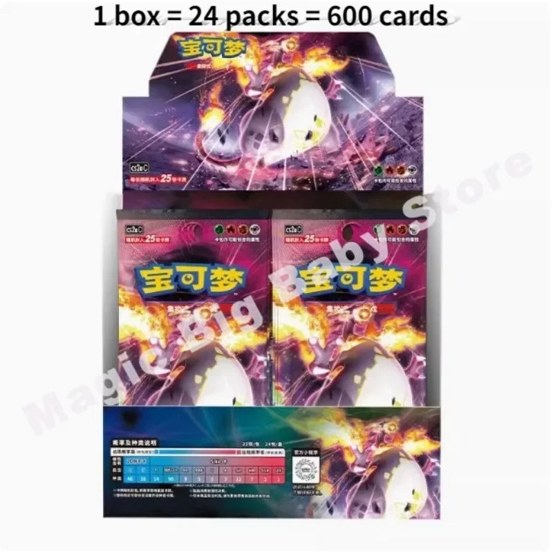 Pokemon trading card booster box with Charizard imagery, purple and red packaging, and text "1 box = 24 packs = 600 cards".