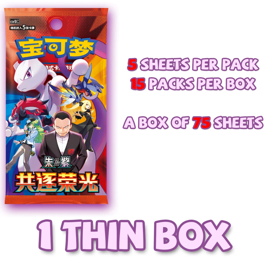 Red Pokémon booster pack featuring Mewtwo, Garchomp, and trainers, with text for 5 sheets per pack and 75 per box.