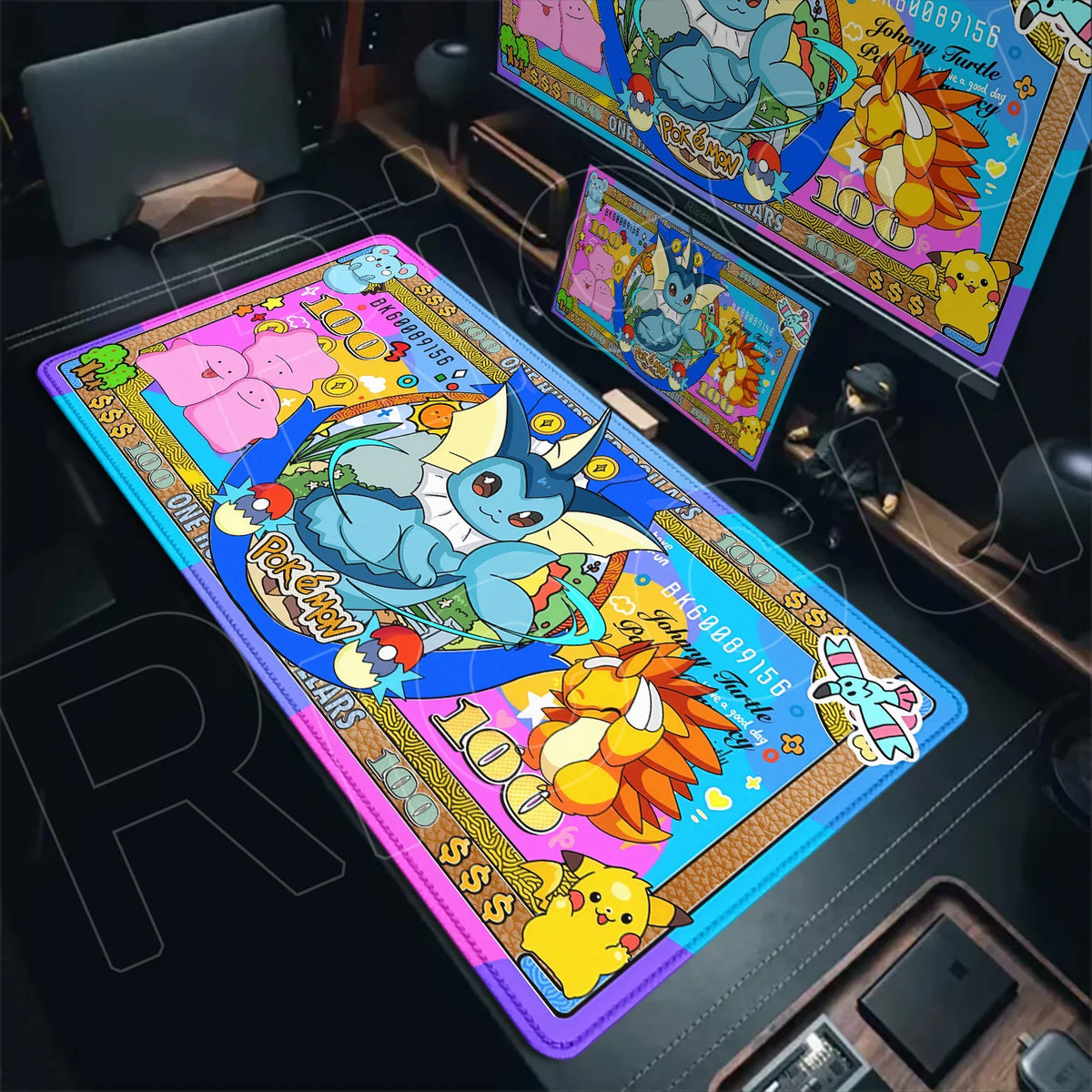 A colorful XXL Pokémon desk mat featuring Vaporeon, Flareon, Pikachu, and Ditto styled like money.