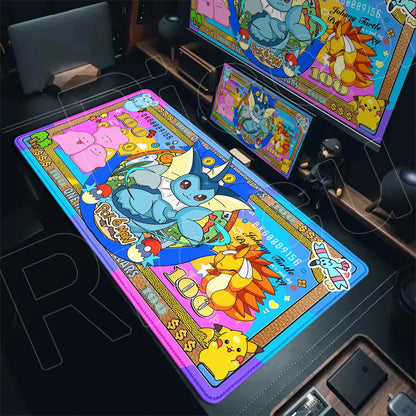 A colorful XXL Pokémon desk mat featuring Vaporeon, Flareon, Pikachu, and Ditto styled like money.
