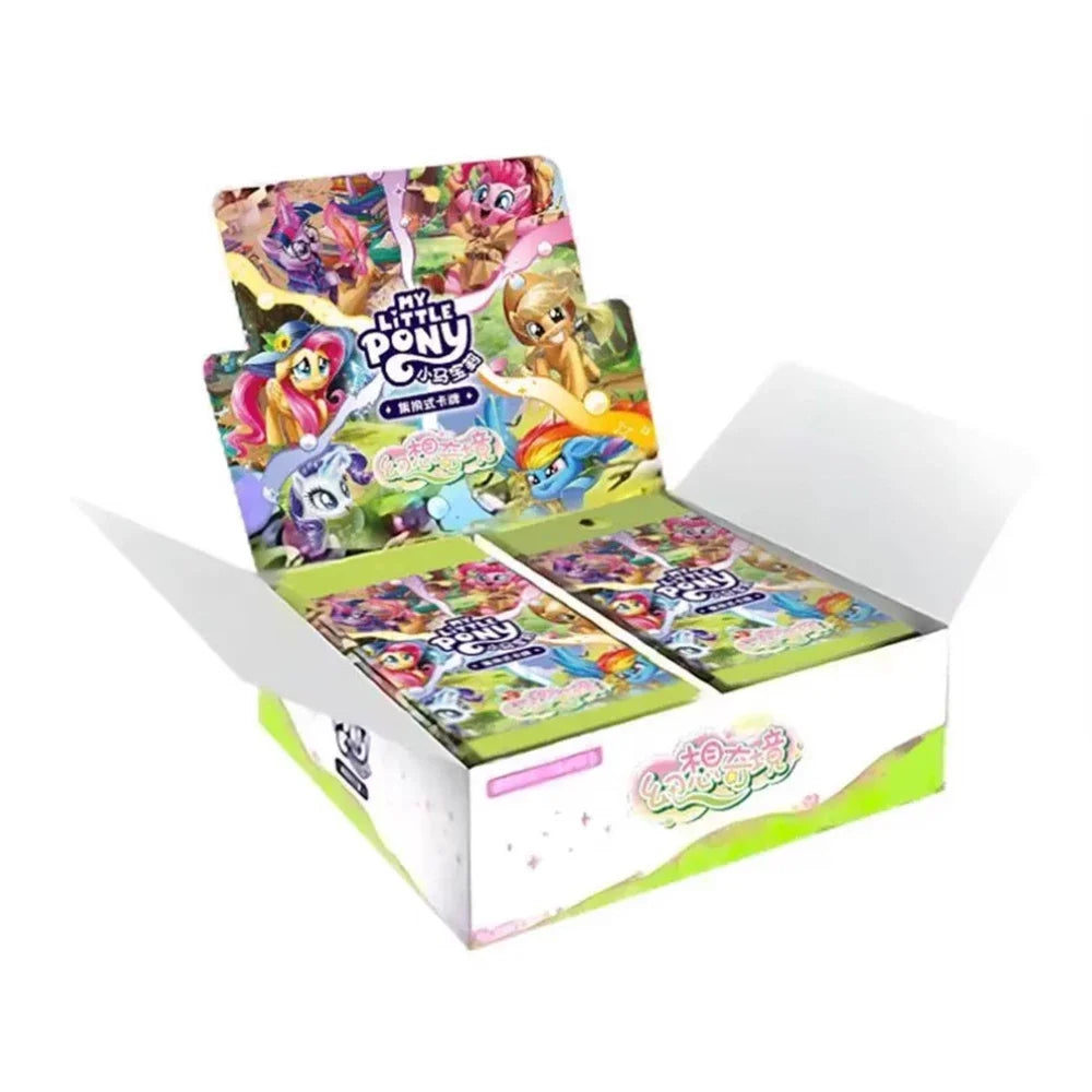 Open box of Kayou My Little Pony trading cards showing colorful foil packs and character artwork.