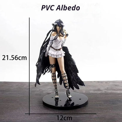 Albedo PVC figure in white top, black feathered wings, and tall laced boots on a black stand.