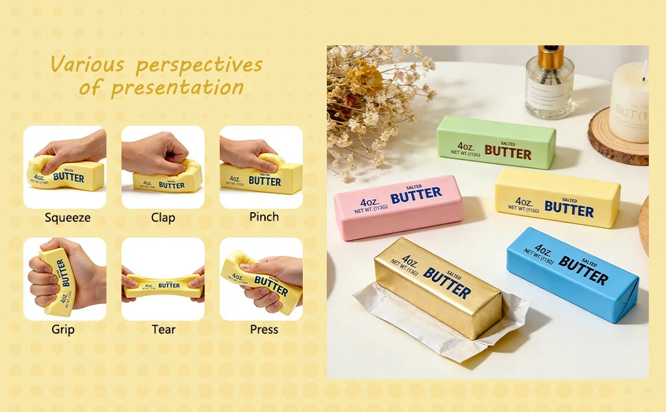 Butter-shaped squeeze toys in yellow, pink, blue, green, and gold, labeled “4oz. Salted Butter.”