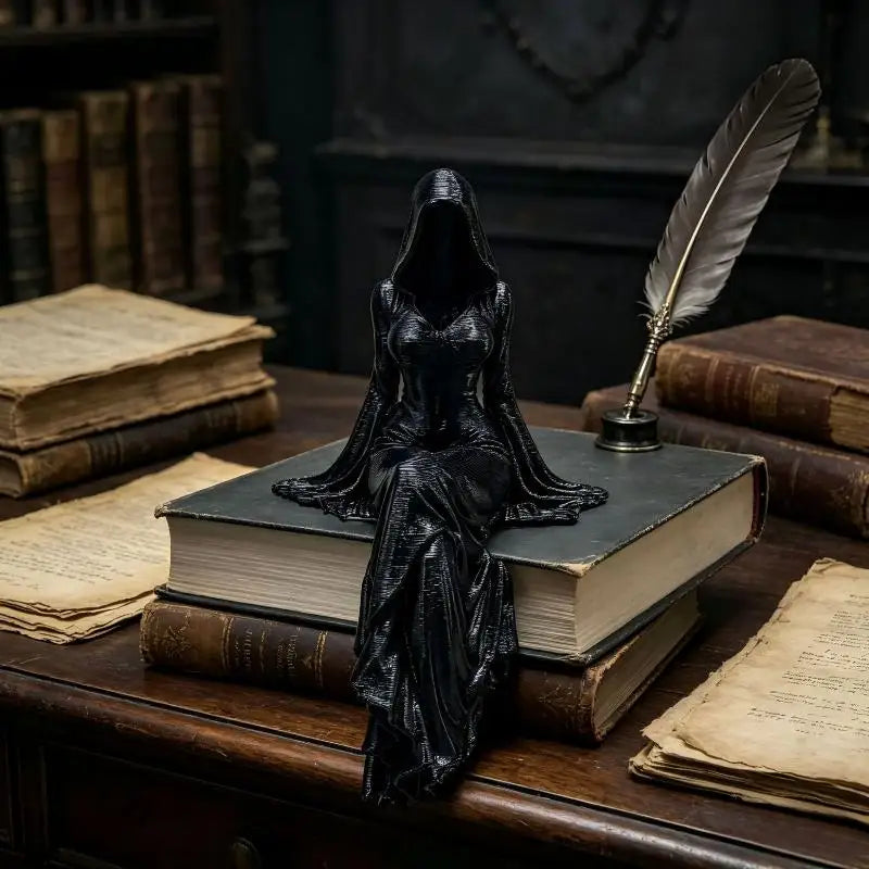 A black female hooded Grim Reaper sculpture sits atop a stack of books, surrounded by vintage books and a quill.