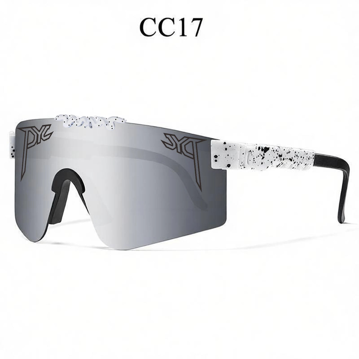 Silver-mirrored sport sunglasses with a single lens, black logos, and white frames with black paint splatters.