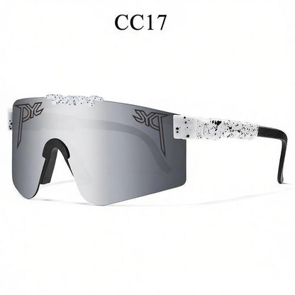 Silver-mirrored sport sunglasses with a single lens, black logos, and white frames with black paint splatters.