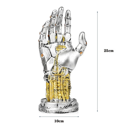 Silver and gold robotic hand figurine on a round base, featuring exposed mechanical joints and 25cm height.