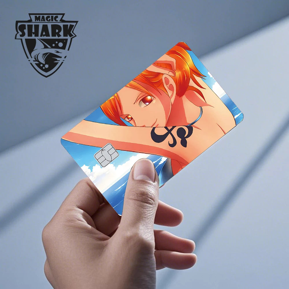An anime card skin featuring an orange-haired character with a shoulder tattoo against a blue sky and sea background.
