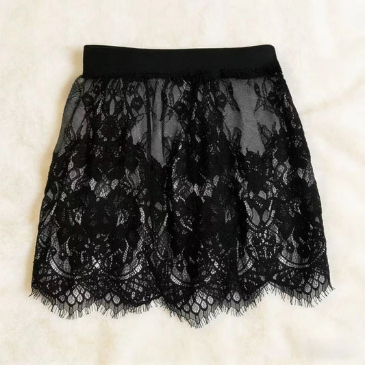 A short black lace miniskirt with a solid waistband and scalloped fringe hem against a light background.