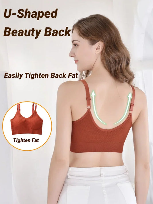 A woman wearing a rust-orange, seamless, ribbed, U-backed bralette, seen from the back with a smaller inset view.