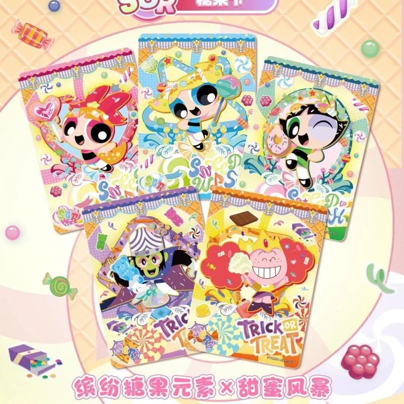 Five colorful Powerpuff Girls trading cards on a candy-themed background, featuring Blossom, Bubbles, Buttercup, and Mojo Jojo.