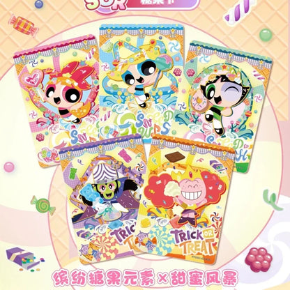 Five colorful Powerpuff Girls trading cards on a candy-themed background, featuring Blossom, Bubbles, Buttercup, and Mojo Jojo.