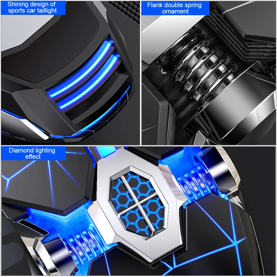 Close-ups of black gaming mouse with blue LED backlighting, spring details, and geometric accents.