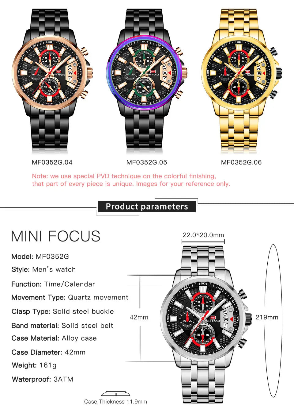 MINI FOCUS Motley Watches for Men Fashion Sport Chronograph Quartz Wristwatch with Date Luminous Hands Stainless Steel Strap Man