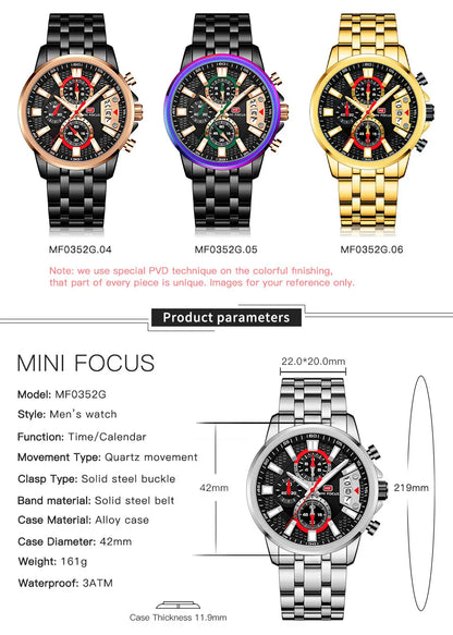 MINI FOCUS Motley Watches for Men Fashion Sport Chronograph Quartz Wristwatch with Date Luminous Hands Stainless Steel Strap Man