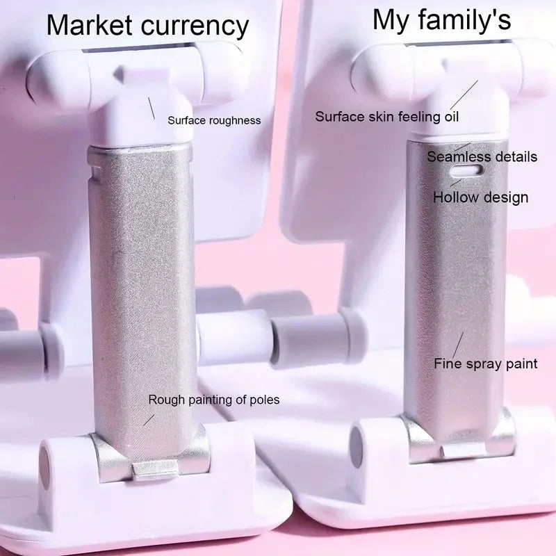 Two white and silver adjustable phone stands side-by-side, comparing surface quality differences with text labels.