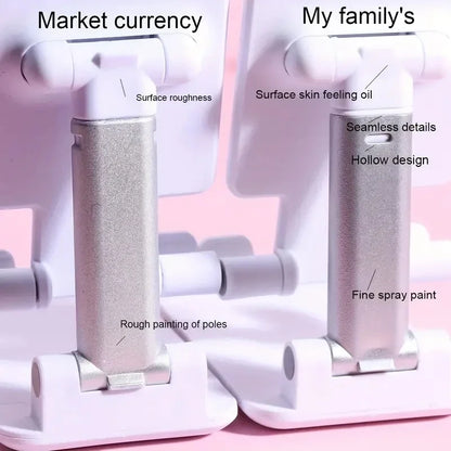 Two white and silver adjustable phone stands side-by-side, comparing surface quality differences with text labels.