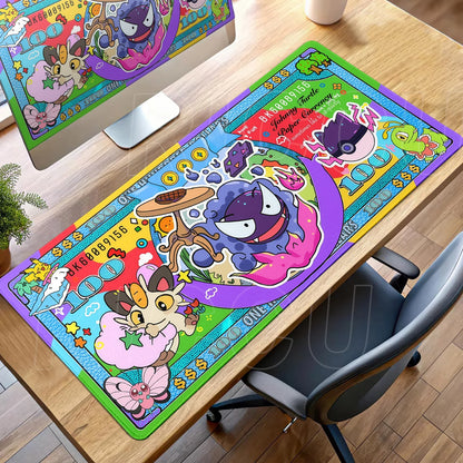 Colorful Pokemon desk mat featuring Gengar, Meowth, and other characters on a faux currency design.