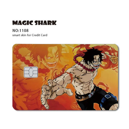 Orange and yellow credit card skin featuring an anime man with dark hair, a beaded necklace, and flaming powers.