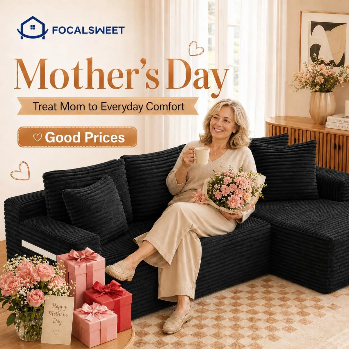 A smiling woman in beige clothes sits on a black L-shaped corduroy sectional sofa, holding a bouquet of pink flowers.