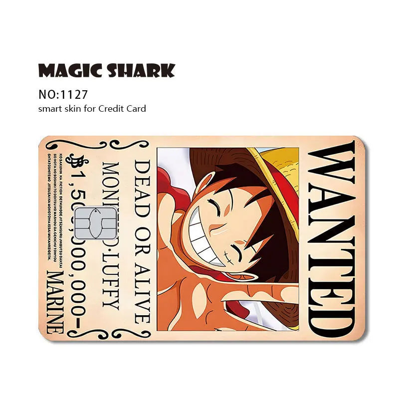 Beige anime card skin styled like a "Wanted" poster for Monkey D. Luffy, featuring bold text and a smiling character.
