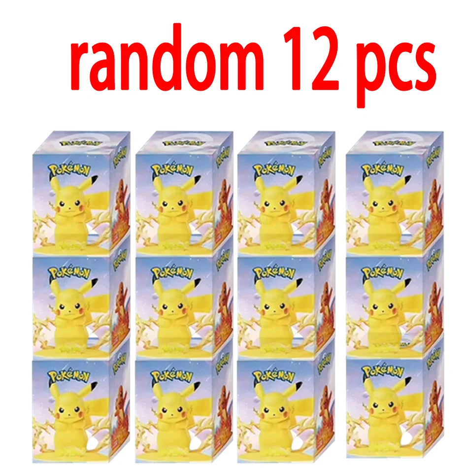 Twelve Pokémon blind boxes featuring Pikachu images on blue and yellow packaging, arranged in three columns of four.