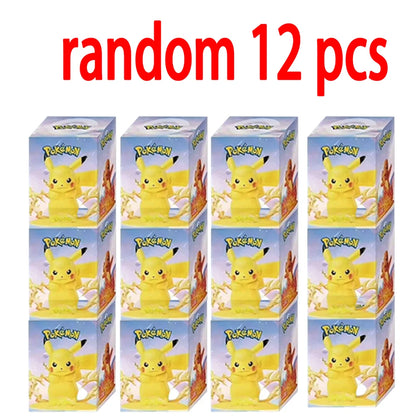 Twelve Pokémon blind boxes featuring Pikachu images on blue and yellow packaging, arranged in three columns of four.