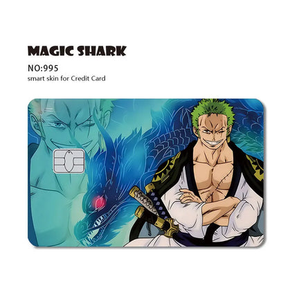 Anime card skin featuring a green-haired swordsman, blue dragon background, and teal-toned overlay.