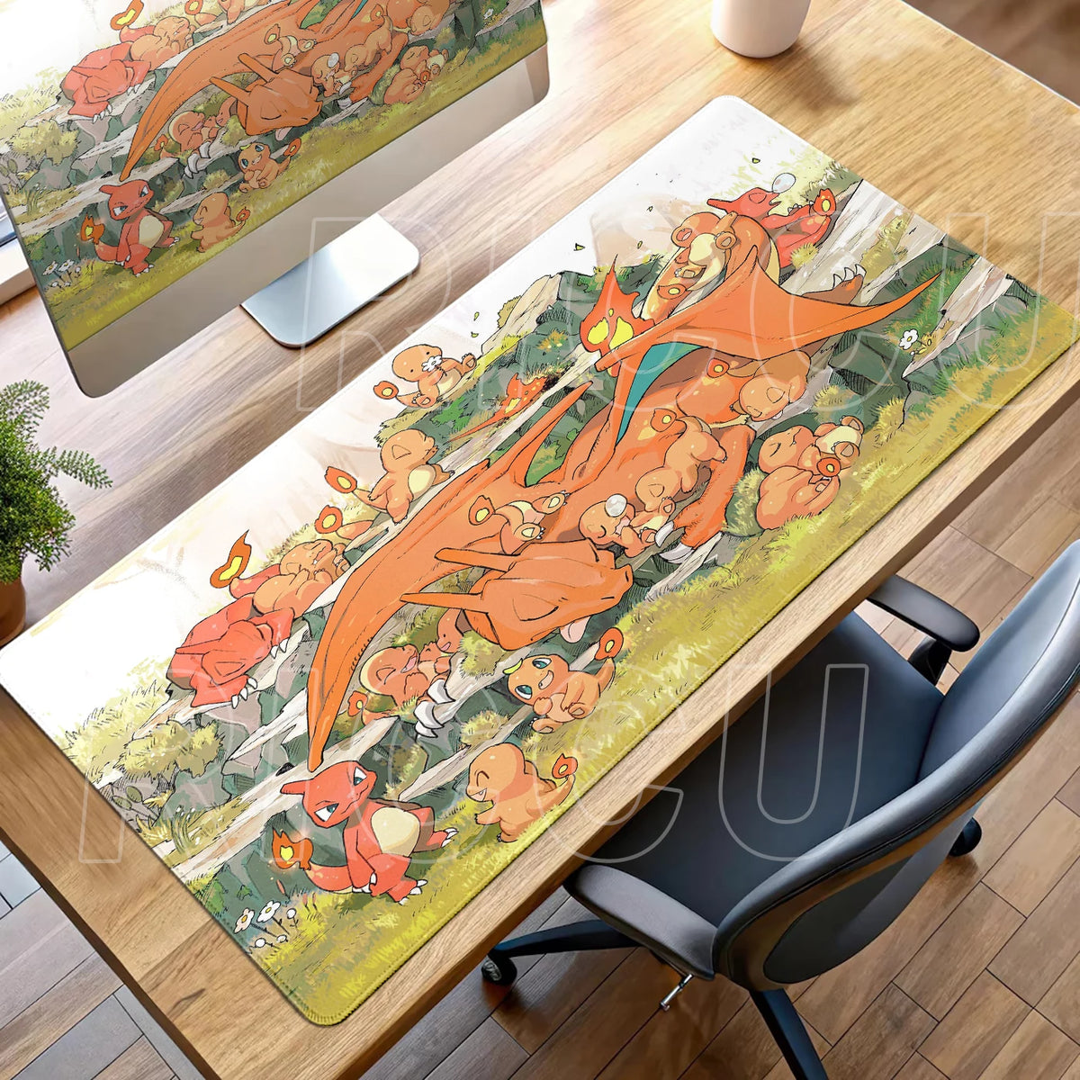 Large desk mat features an orange Charizard and Charmanders in a rocky, grassy landscape.