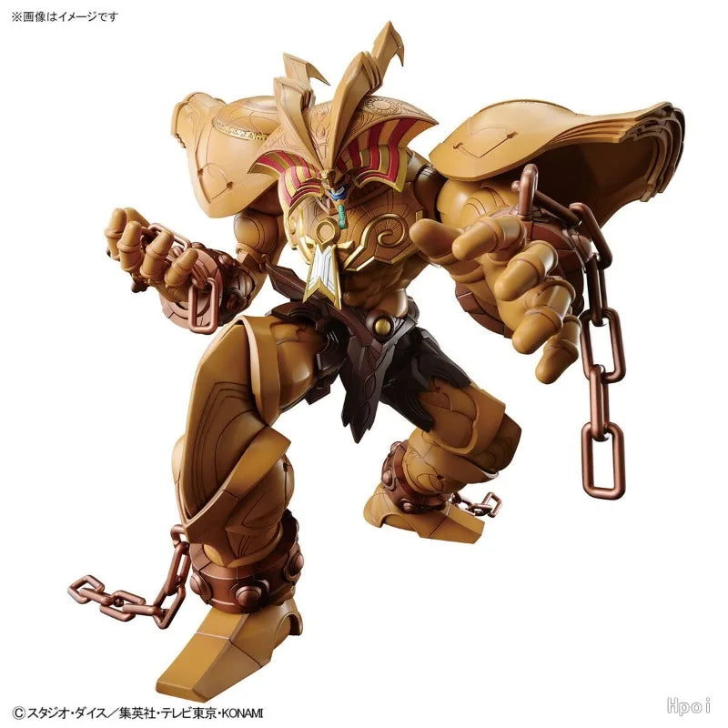 Brown, gold, and red Exodia model kit figure with chains on its wrists and ankles, in a dynamic pose.
