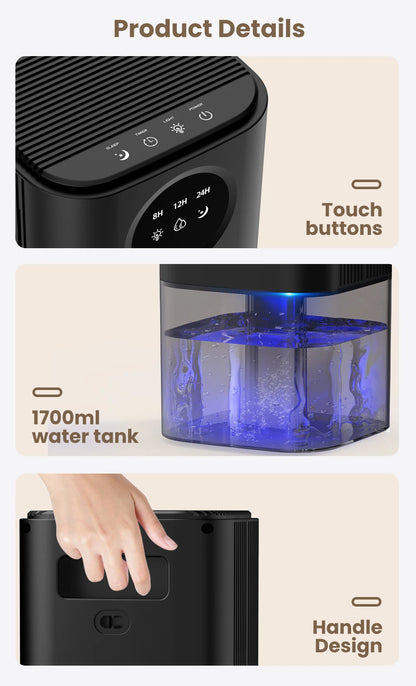 Three panels showing black portable dehumidifier features: touch buttons, 1700ml water tank with blue light, and handle design.