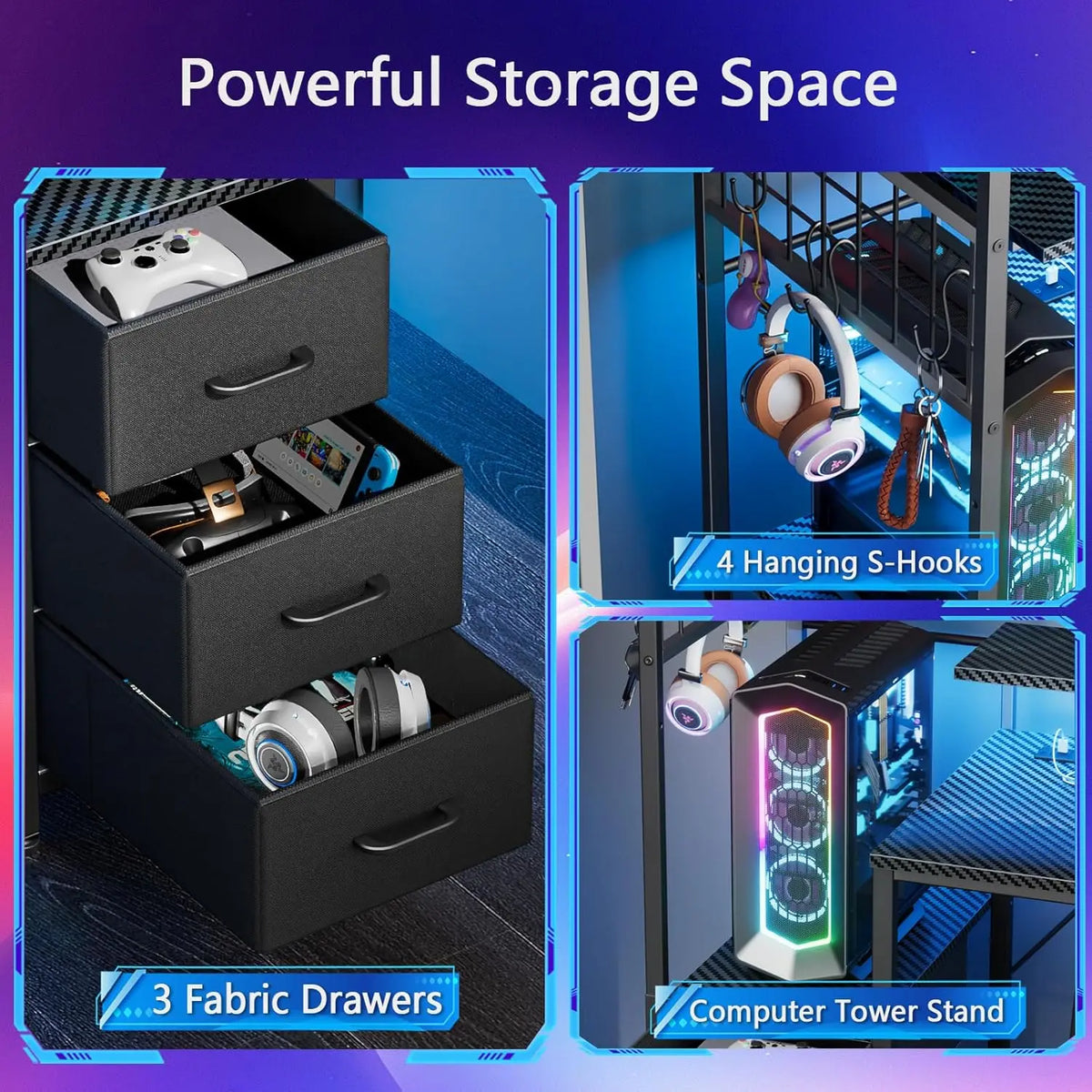 A composite view showing three black fabric drawers, four hanging S-hooks, and a computer tower stand on a gaming desk.