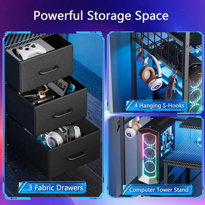 A composite view showing three black fabric drawers, four hanging S-hooks, and a computer tower stand on a gaming desk.