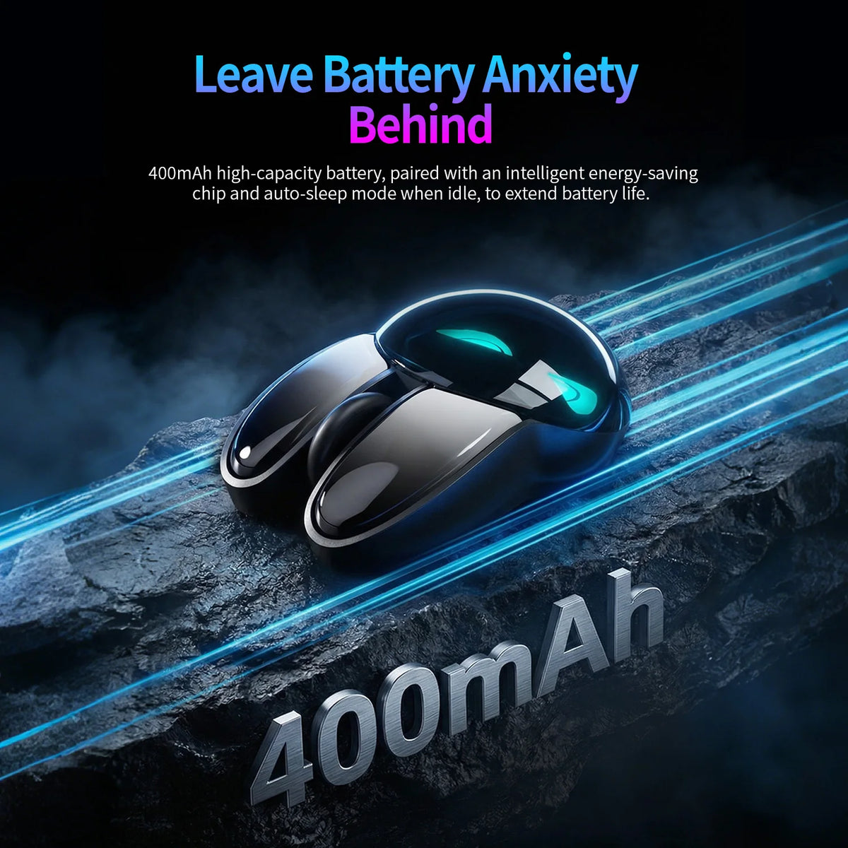 Black MOFII M6C rabbit-shaped wireless mouse resting on a rocky surface with glowing blue light trails.